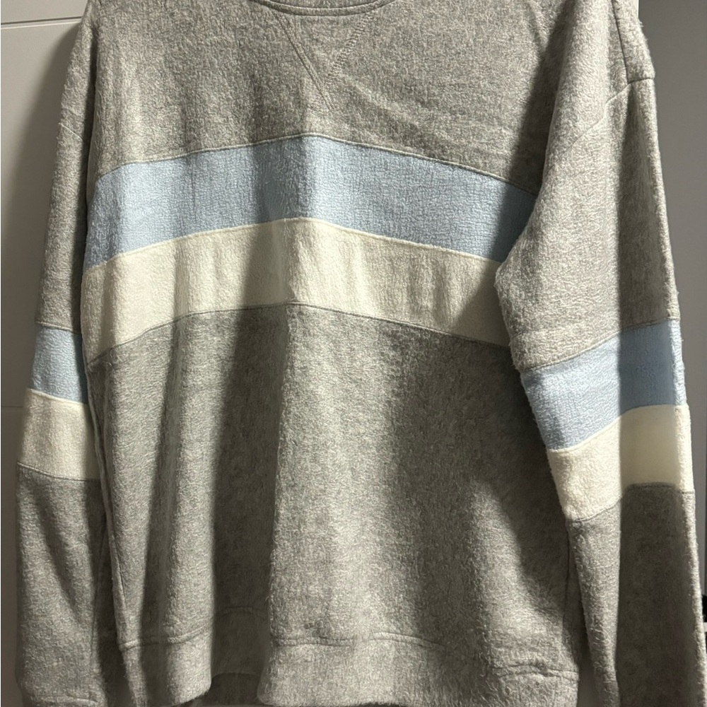 Garage|  Gray with Blue and White Striped Sweatshirt